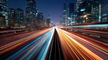 Bright lights from buildings and moving vehicles fill the street scene at night. The fast motion creates streaks of color in a lively city environment.
