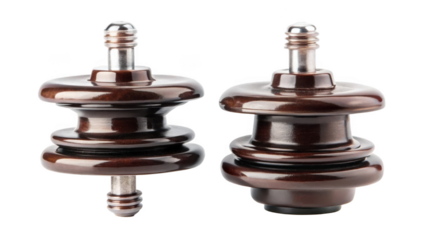 Two brown ceramic insulator electrical components on black background