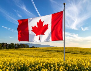 Canadian flag waving in a field of yellow flowers under blue sky