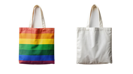 Two canvas tote bags one with rainbow colors and one plain white