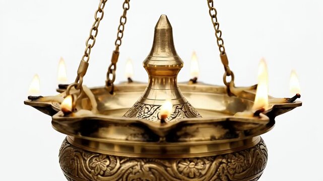 Antique Brass Oil Lamp With Multiple Flames Illuminates Dark Space