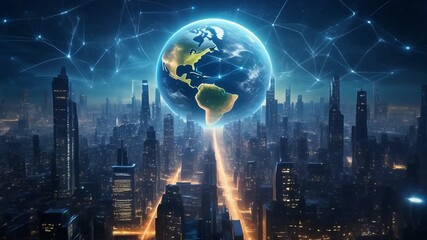 Global network connection illuminating cityscape at night with glowing earth in the center - Powered by Adobe