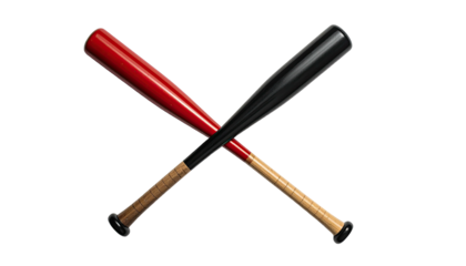 Two crossed wooden bats, one red and one black, on a black background
