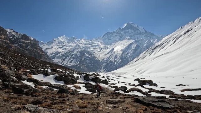 Footage of tourist while walking back from Annapurna base camp to foothills with the beautiful Machapuchare (Mt.Fish tail) mountain, Nepal.