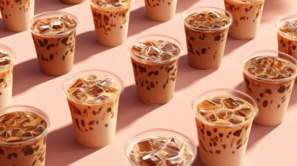 Many cups filled with iced drinks are placed on a pink surface. Each cup has ice cubes and a light brown liquid. The setting is bright and cheerful during the day.
