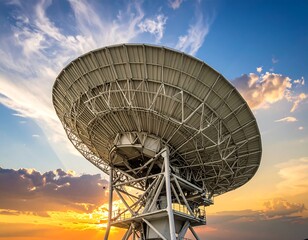 Large parabolic antenna, capturing data under a beautiful sunset sky