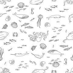 Seamless pattern with hand drawn sea animals in outline style, marine ecosystem and underwater world illustration © Md