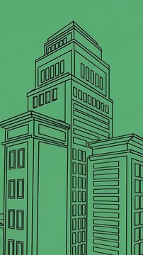 Architectural Outline Of Art Deco Skyscraper On Green Background