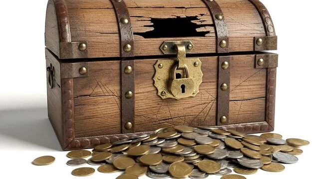 Antique Wooden Treasure Chest Overflowing With Gold Coins