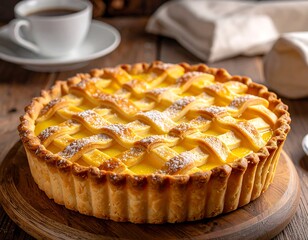 Close-up of a decorative dessert on wooden surface near coffee