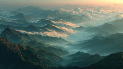 mountain landscape above endless sea of mist at sunrise, soft golden light, cinematic realism 