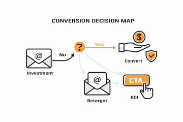Flat vector infographic illustrating conversion decision map with email investment retargeting CTA clicks and successful conversion for digital marketing strategy