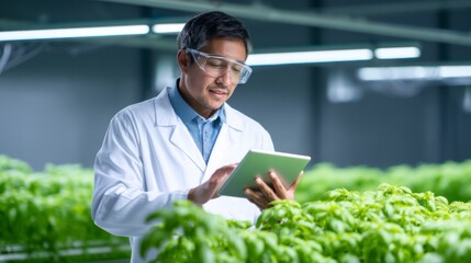 A scientist in a lab coat uses a tablet to monitor plants in a greenhouse, showcasing modern agricultural technology and research.