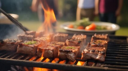 Savoring grilled meat at an outdoor barbecue with friends and family on a sunny day