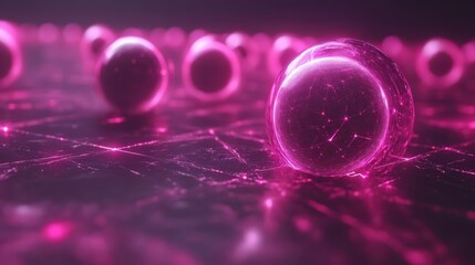 Neon-pink orbs with network patterns on a dark surface, glowing with a futuristic aesthetic