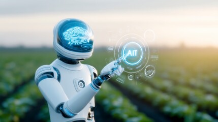 A futuristic robot interacts with holographic technology in a lush agricultural field, blending AI with farming.