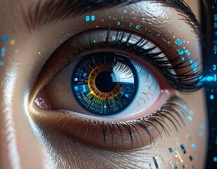 Close-up of an eye with intricate digital patterns and glowing hues