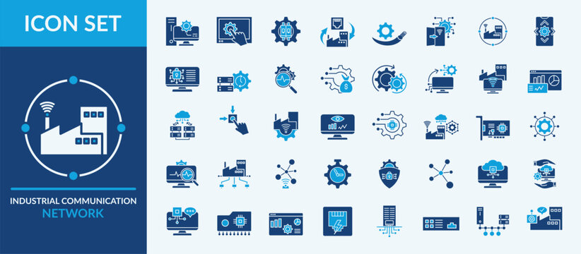 Industrial communication network - Icon Collection. Thin Solid Set contains such Icons as field bus system, building automation, human machine interface and more. Simple web icons set