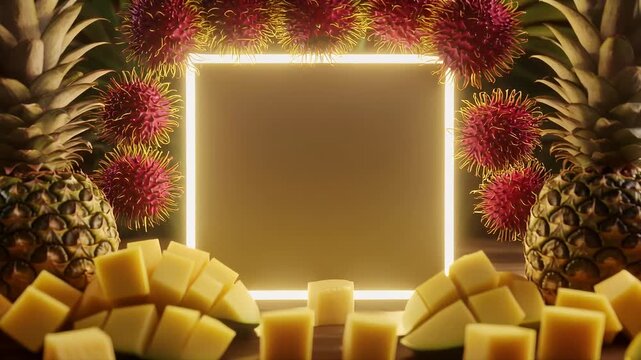 Tropical Fruit Border with Radiant Neon Frame Offering a Dynamic Backdrop for Summer Promotions and Fresh Product Showcases