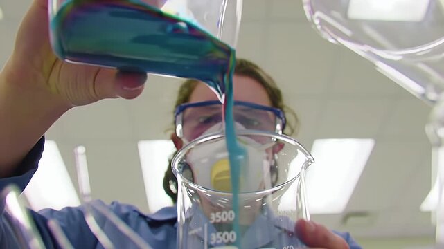 Laboratory Experiment: Close-up of a Scientist Pouring a Colored Liquid into a Beaker