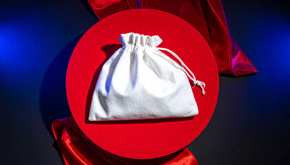 White drawstring bag on red circle with red velvet cloth and blue background pouch fabric