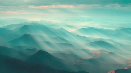 mountain range with rolling fog and sun rays, tranquil atmosphere, no people 