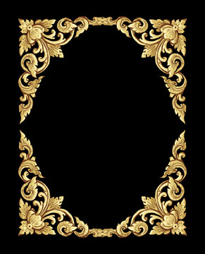 Pattern of flower carved frame isolated on black background. gold frame