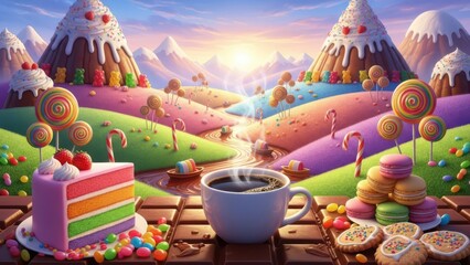 A magical morning in a vibrant candy land with sweet treats and rainbow hills. Sweet dreams in candyland