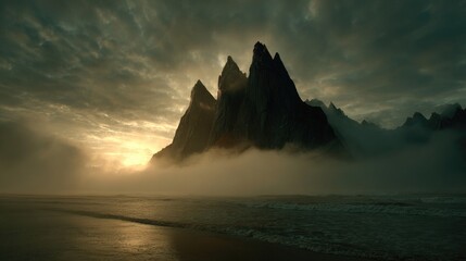 mountain silhouette rising above sea of fog at dawn, cinematic light, no people 