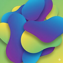 3D semi-realistic abstract composition of overlapping organic shapes in vibrant blue, purple, yellow, green gradients, smooth color transitions, soft layered depth, modern fluid design, clean edges