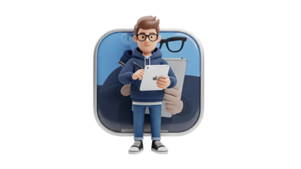 3D cartoon boy with tablet and glasses on transparent background