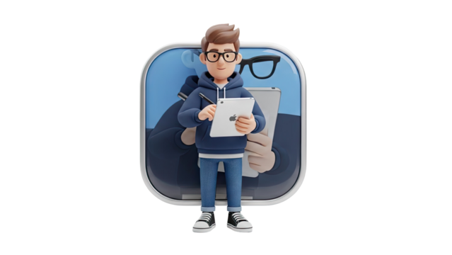 3D cartoon boy with tablet and glasses on transparent background - Powered by Adobe