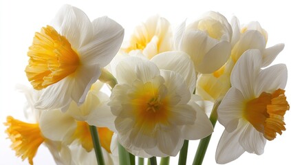 Close up of daffodil flowers with bright yellow and white petals on white