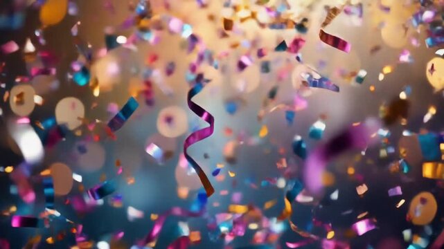 close-up of metallic party streamer ribbons slowly drifting downward in slow motion with subtle backlight glow and soft bokeh background, high resolution