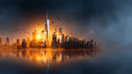 Fototapeta premium A stunning city skyline at dusk, illuminated by a warm glow, with silhouettes of birds flying across a misty background reflecting in the water.