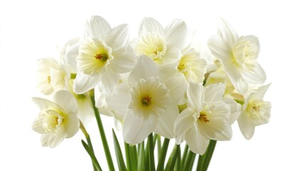 Close up of elegant white daffodil flowers on a clean white background