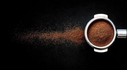 Close up of espresso machine portafilter with coffee grounds on black background