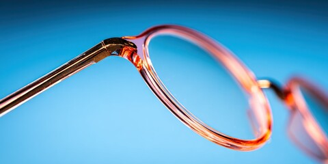 Close up of eyeglasses on a blue background with transparent lenses and focus