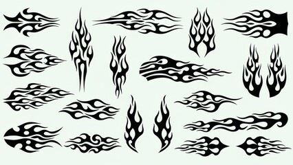 Set of tribal tattoo designs featuring floral vector illustrations with black vintage patterns and decorative swirl elements for art borders or frame shapes