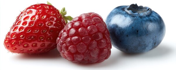 Close up of fresh strawberries raspberry and blueberry against a white background