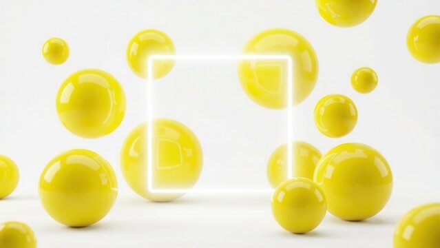 Abstract 3D Render of Yellow Spheres and Glowing Neon Square Frame on White Background