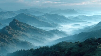 peaceful fog sea covering mountain valleys, ultra realistic