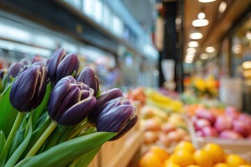 Close up of purple tulips with produce display in a blurred background