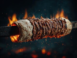 Close up of roasted meat on a skewer with fire flames culinary concept