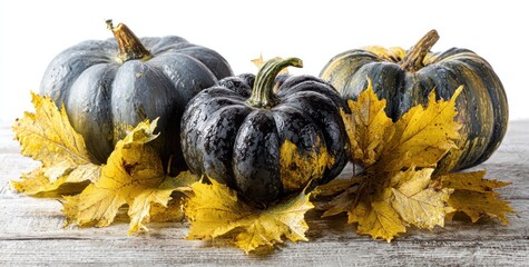 Close up of three pumpkins with autumn leaves on a wooden surface