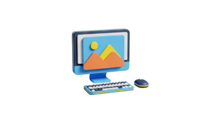 3D Computer Monitor Keyboard and Mouse with Image Display on transparent background