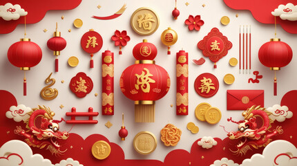 Vibrant collection of traditional Chinese New Year decorations, featuring lanterns, dragons, and festive symbols arranged artfully for a prosperous celebration