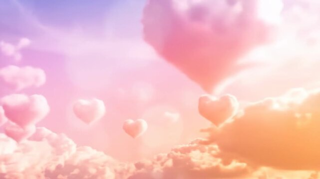 Dreamy sky with heart-shaped clouds in pastel colors, creating a romantic and whimsical atmosphere.