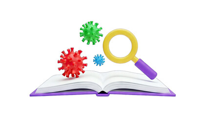 3D Covid Virus Research Magnifying Glass Open Book on transparent background