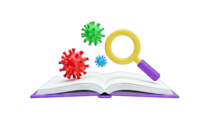 3D Covid Virus Research Magnifying Glass Open Book on transparent background
